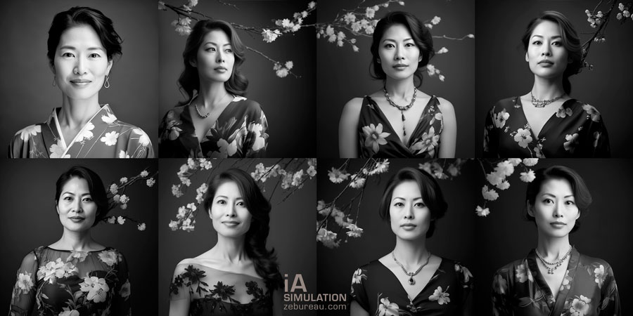 8 portraits japonais noir et blanc Midjourney