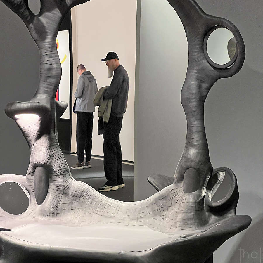 reflet de deux hommes de profil dans un miroir aux formes organiques