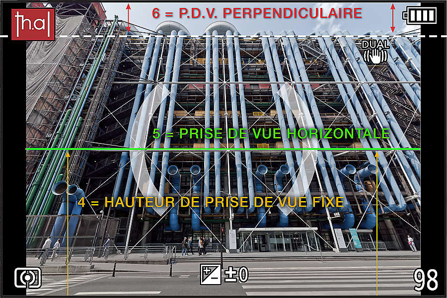 viseur d'appareil photo montrant la façade arrière de Beaubourg avec des indications d'horizontalité