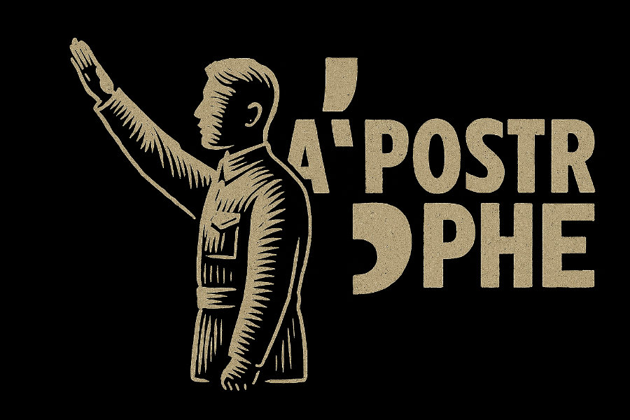 Homme tendant le bras adossé au texte APOSTROPHE