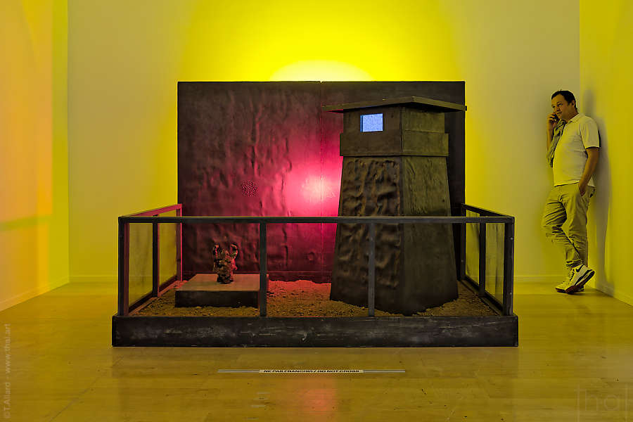 homme téléphonant a coté d'une œuvre au macLYON