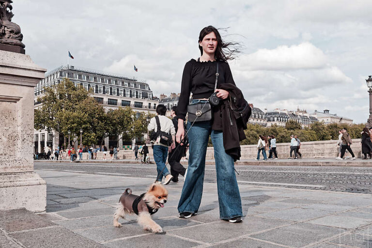 A young woman walking a small dog on a leash on the Pont Neuf in Paris