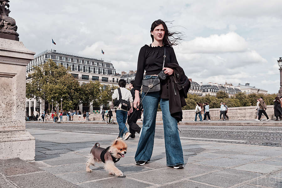 A young woman walking a small dog on a leash on the Pont Neuf in Paris