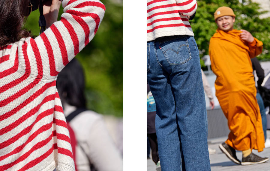 diptyque d'images montrant un pull au bandes colorées avec un homme vêtu d'un kesa jaune en arrière plan