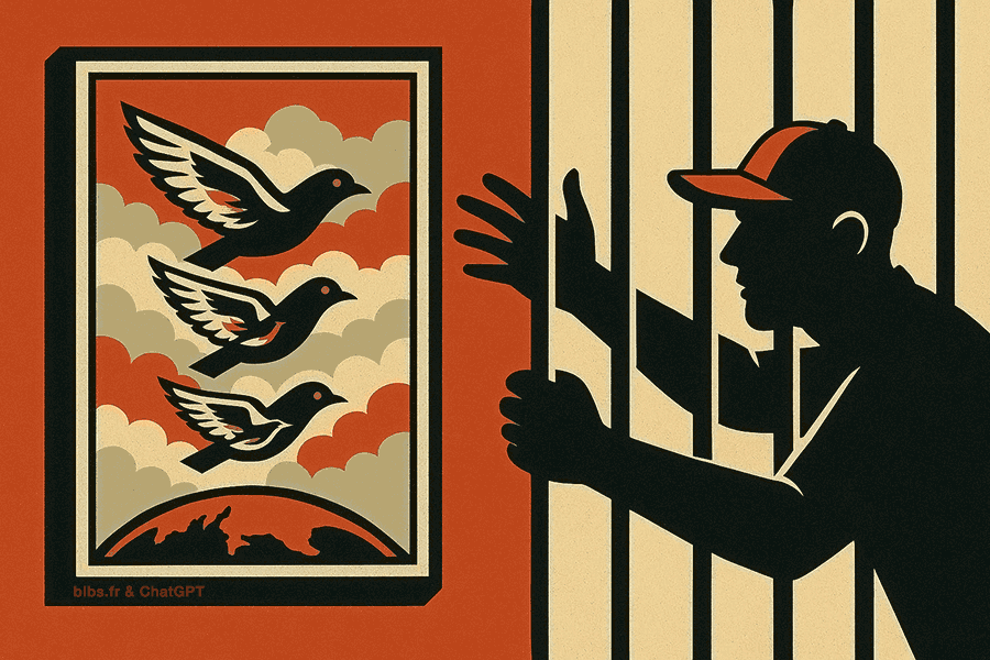 illustration d'un homme essayant de passer les main à travers des barreaux en direction d'une image affichée au mur