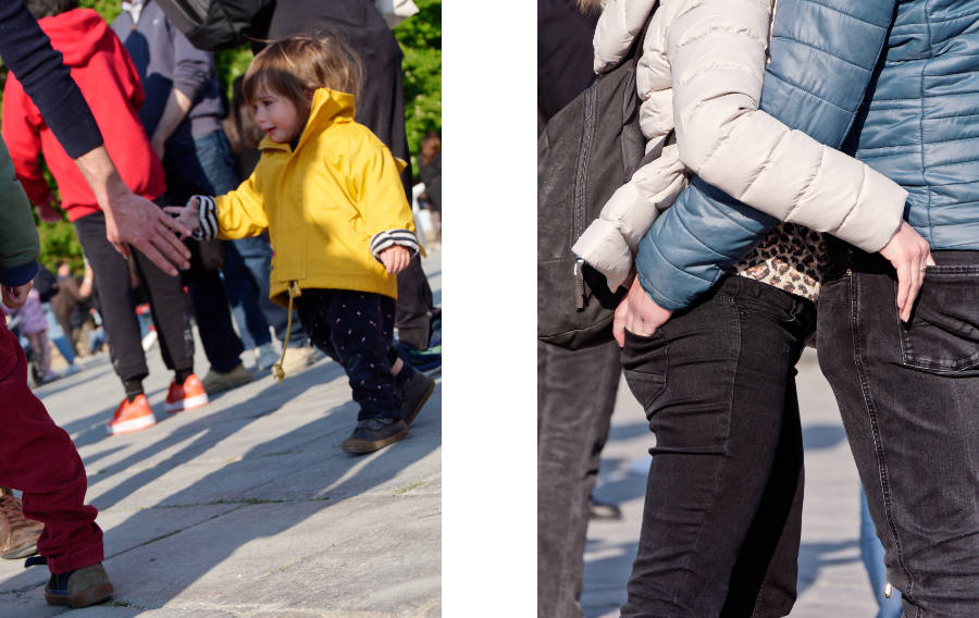 diptyque d'images d'un enfant donnant la main sur le parvis de Notre-Dame et de mains d'amoureux dans leurs poches