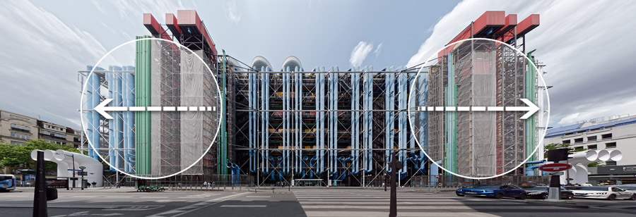 assemblage de 3 images du bâtiment avec des déformations de perspectives importantes sur les cotés