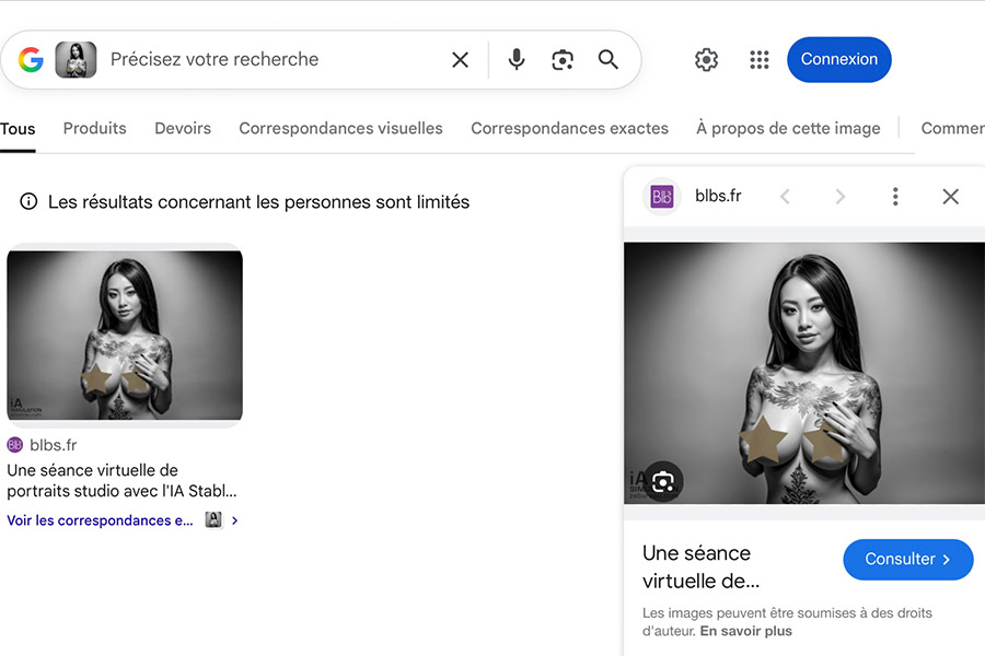 résultat dans Google affichant une version alternative d'une image affichée dans un site
