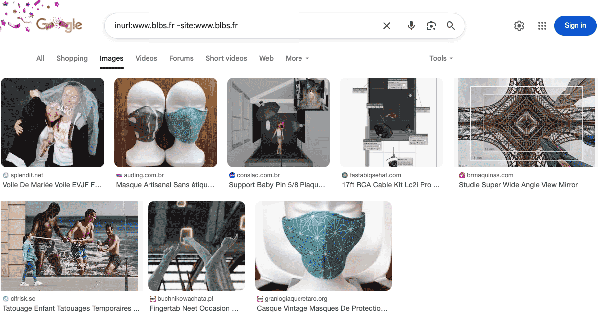 results of an inurl query in Google Images