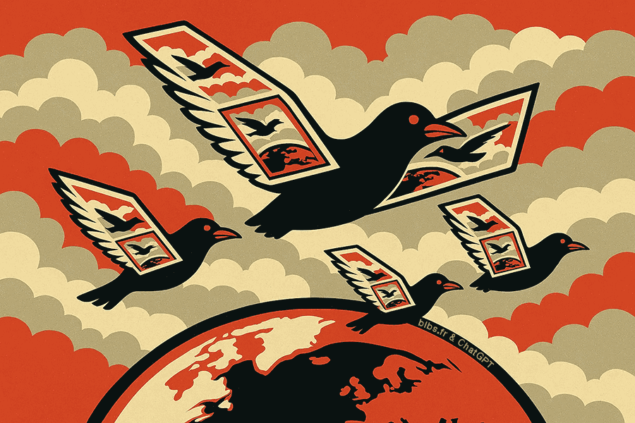 Illustration d'oiseaux au dessus du globe terrestre avec des ailes contenant des images