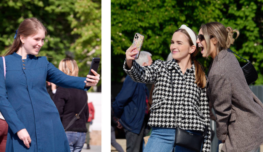 diptyque d'images montrant des femmes souriantes en train de faire des selfies