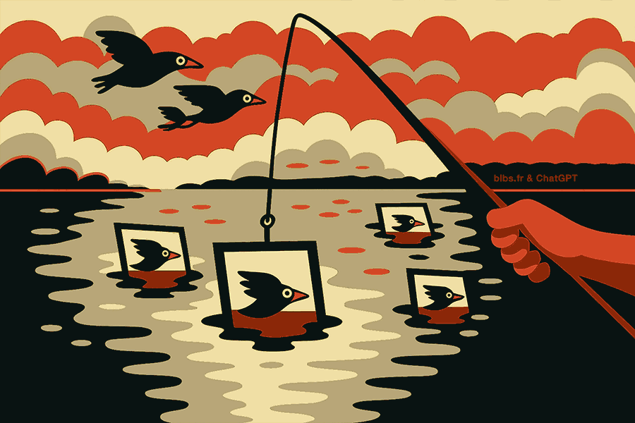 illustration of a fishing line catching a floating image on a body of water